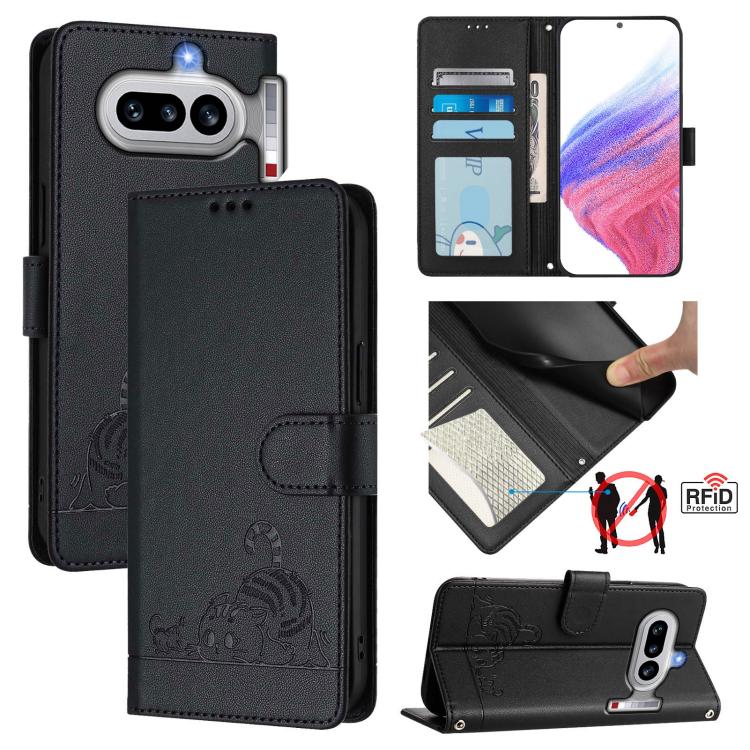 Cat Rat Embossed Pattern RFID Leather Phone Case with Lanyard, For Nothing Phone 4a Pro, For Nothing Phone 4a, For Nothing CMF Phone 1, For Nothing Phone 2A