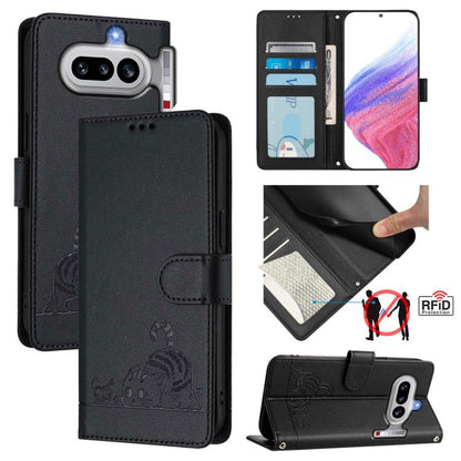 Cat Rat Embossed Pattern RFID Leather Phone Case with Lanyard, For Nothing Phone 4a Pro, For Nothing Phone 4a, For Nothing CMF Phone 1, For Nothing Phone 2A