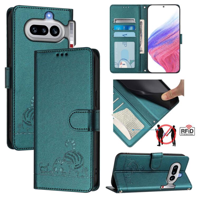 Cat Rat Embossed Pattern RFID Leather Phone Case with Lanyard, For Nothing Phone 4a Pro, For Nothing Phone 4a, For Nothing CMF Phone 1, For Nothing Phone 2A
