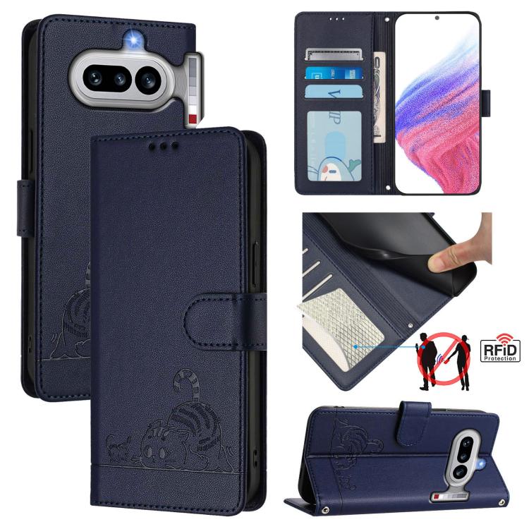 Cat Rat Embossed Pattern RFID Leather Phone Case with Lanyard, For Nothing Phone 4a Pro, For Nothing Phone 4a, For Nothing CMF Phone 1, For Nothing Phone 2A