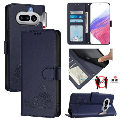 Cat Rat Embossed Pattern RFID Leather Phone Case with Lanyard, For Nothing Phone 4a Pro, For Nothing Phone 4a, For Nothing CMF Phone 1, For Nothing Phone 2A