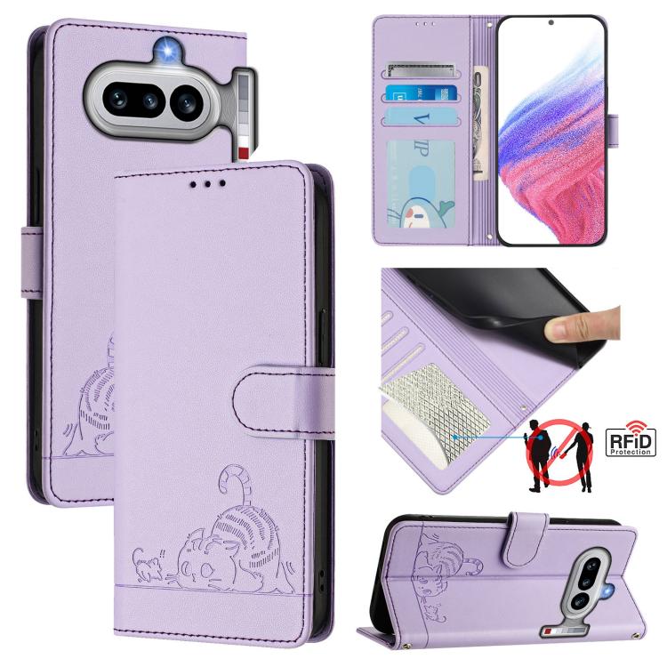Cat Rat Embossed Pattern RFID Leather Phone Case with Lanyard, For Nothing Phone 4a Pro, For Nothing Phone 4a, For Nothing CMF Phone 1, For Nothing Phone 2A