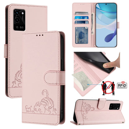 Cat Rat Embossed Pattern RFID Leather Phone Case with Lanyard, For Realme V11 5G, For Realme C17 / 7i