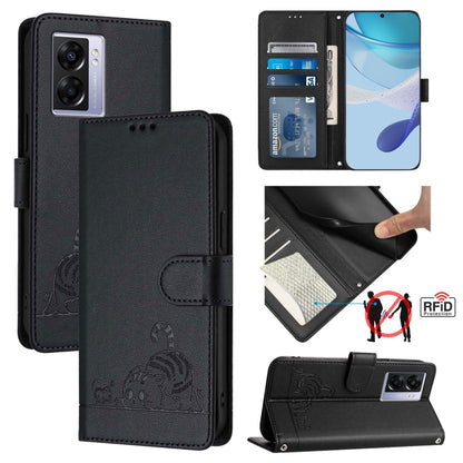 Cat Rat Embossed Pattern RFID Leather Phone Case with Lanyard, For Realme V23, For Realme Q5i, For Realme GT NEO3, For Realme 8 5G / 9 5G India, For Realme V13 5G / Q3 5G, For Realme Q3i 5G, For Realme 9 5G EU Version, For Realme 9 Pro 5G Global       ...