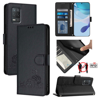 Cat Rat Embossed Pattern RFID Leather Phone Case with Lanyard, For Realme V23, For Realme Q5i, For Realme GT NEO3, For Realme 8 5G / 9 5G India, For Realme V13 5G / Q3 5G, For Realme Q3i 5G, For Realme 9 5G EU Version, For Realme 9 Pro 5G Global       ...