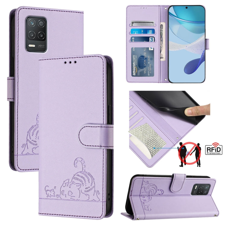 Cat Rat Embossed Pattern RFID Leather Phone Case with Lanyard, For Realme V23, For Realme Q5i, For Realme GT NEO3, For Realme 8 5G / 9 5G India, For Realme V13 5G / Q3 5G, For Realme Q3i 5G, For Realme 9 5G EU Version, For Realme 9 Pro 5G Global       ...
