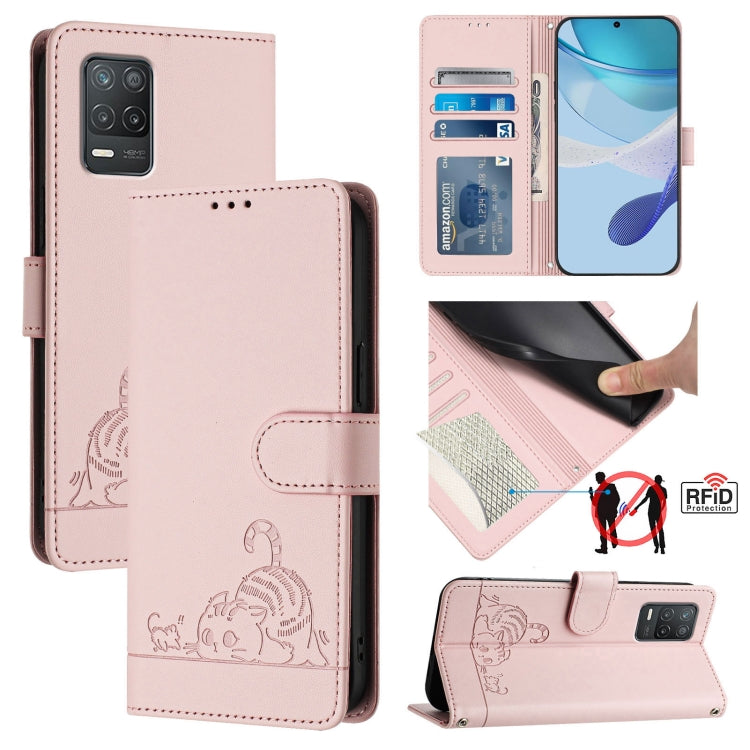 Cat Rat Embossed Pattern RFID Leather Phone Case with Lanyard, For Realme V23, For Realme Q5i, For Realme GT NEO3, For Realme 8 5G / 9 5G India, For Realme V13 5G / Q3 5G, For Realme Q3i 5G, For Realme 9 5G EU Version, For Realme 9 Pro 5G Global       ...