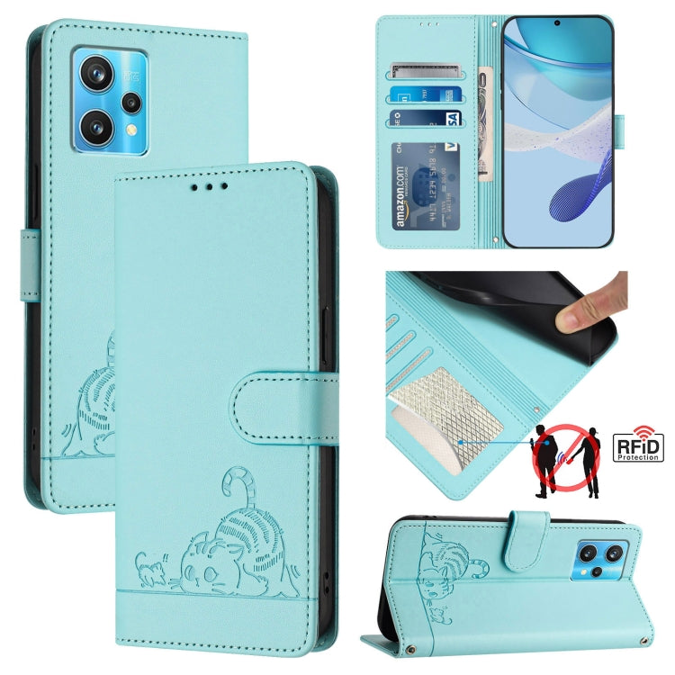 Cat Rat Embossed Pattern RFID Leather Phone Case with Lanyard, For Realme C55 4G Global, For Realme Narzo N55, For Realme C33 2022 Global, For Realme C33 2023 Global, For Realme 10T 5G / 10S 5G, For Realme GT3 5G / GT Neo 5 240W, For Realme 10 Pro 5G  ...