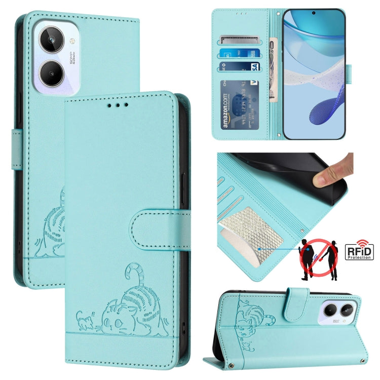 Cat Rat Embossed Pattern RFID Leather Phone Case with Lanyard, For Realme C55 4G Global, For Realme Narzo N55, For Realme C33 2022 Global, For Realme C33 2023 Global, For Realme 10T 5G / 10S 5G, For Realme GT3 5G / GT Neo 5 240W, For Realme 10 Pro 5G  ...