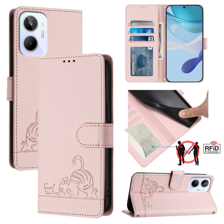 Cat Rat Embossed Pattern RFID Leather Phone Case with Lanyard, For Realme C55 4G Global, For Realme Narzo N55, For Realme C33 2022 Global, For Realme C33 2023 Global, For Realme 10T 5G / 10S 5G, For Realme GT3 5G / GT Neo 5 240W, For Realme 10 Pro 5G  ...