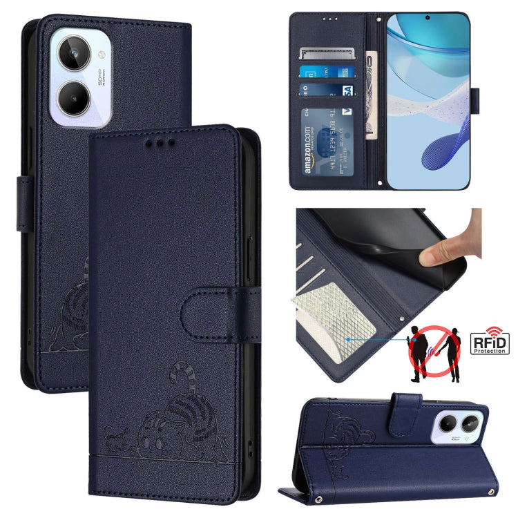 Cat Rat Embossed Pattern RFID Leather Phone Case with Lanyard, For Realme C55 4G Global, For Realme Narzo N55, For Realme C33 2022 Global, For Realme C33 2023 Global, For Realme 10T 5G / 10S 5G, For Realme GT3 5G / GT Neo 5 240W, For Realme 10 Pro 5G  ...