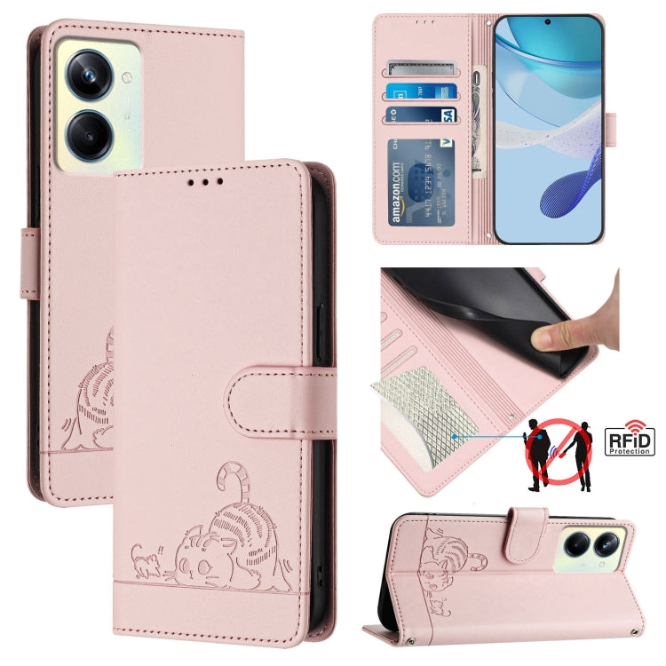 Cat Rat Embossed Pattern RFID Leather Phone Case with Lanyard, For Realme C55 4G Global, For Realme Narzo N55, For Realme C33 2022 Global, For Realme C33 2023 Global, For Realme 10T 5G / 10S 5G, For Realme GT3 5G / GT Neo 5 240W, For Realme 10 Pro 5G  ...