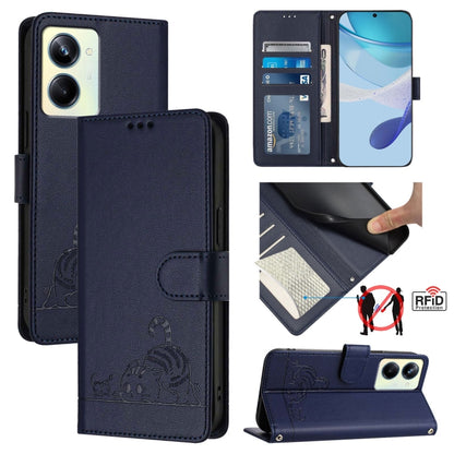 Cat Rat Embossed Pattern RFID Leather Phone Case with Lanyard, For Realme C55 4G Global, For Realme Narzo N55, For Realme C33 2022 Global, For Realme C33 2023 Global, For Realme 10T 5G / 10S 5G, For Realme GT3 5G / GT Neo 5 240W, For Realme 10 Pro 5G  ...