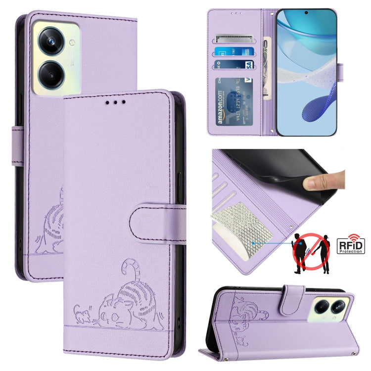Cat Rat Embossed Pattern RFID Leather Phone Case with Lanyard, For Realme C55 4G Global, For Realme Narzo N55, For Realme C33 2022 Global, For Realme C33 2023 Global, For Realme 10T 5G / 10S 5G, For Realme GT3 5G / GT Neo 5 240W, For Realme 10 Pro 5G  ...