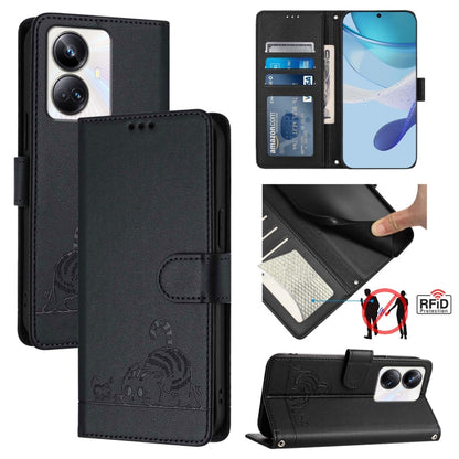 Cat Rat Embossed Pattern RFID Leather Phone Case with Lanyard, For Realme C55 4G Global, For Realme Narzo N55, For Realme C33 2022 Global, For Realme C33 2023 Global, For Realme 10T 5G / 10S 5G, For Realme GT3 5G / GT Neo 5 240W, For Realme 10 Pro 5G  ...
