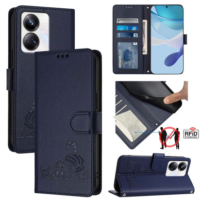 Cat Rat Embossed Pattern RFID Leather Phone Case with Lanyard, For Realme C55 4G Global, For Realme Narzo N55, For Realme C33 2022 Global, For Realme C33 2023 Global, For Realme 10T 5G / 10S 5G, For Realme GT3 5G / GT Neo 5 240W, For Realme 10 Pro 5G  ...