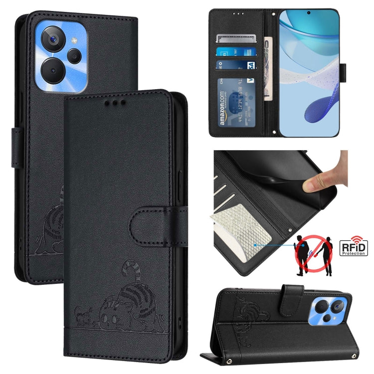 Cat Rat Embossed Pattern RFID Leather Phone Case with Lanyard, For Realme C55 4G Global, For Realme Narzo N55, For Realme C33 2022 Global, For Realme C33 2023 Global, For Realme 10T 5G / 10S 5G, For Realme GT3 5G / GT Neo 5 240W, For Realme 10 Pro 5G  ...
