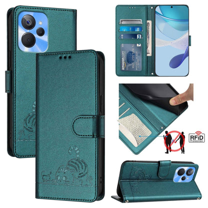Cat Rat Embossed Pattern RFID Leather Phone Case with Lanyard, For Realme C55 4G Global, For Realme Narzo N55, For Realme C33 2022 Global, For Realme C33 2023 Global, For Realme 10T 5G / 10S 5G, For Realme GT3 5G / GT Neo 5 240W, For Realme 10 Pro 5G  ...