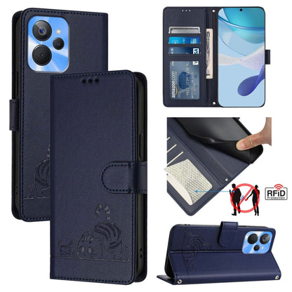 Cat Rat Embossed Pattern RFID Leather Phone Case with Lanyard, For Realme C55 4G Global, For Realme Narzo N55, For Realme C33 2022 Global, For Realme C33 2023 Global, For Realme 10T 5G / 10S 5G, For Realme GT3 5G / GT Neo 5 240W, For Realme 10 Pro 5G  ...