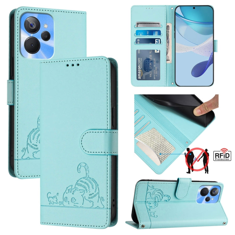 Cat Rat Embossed Pattern RFID Leather Phone Case with Lanyard, For Realme C55 4G Global, For Realme Narzo N55, For Realme C33 2022 Global, For Realme C33 2023 Global, For Realme 10T 5G / 10S 5G, For Realme GT3 5G / GT Neo 5 240W, For Realme 10 Pro 5G  ...