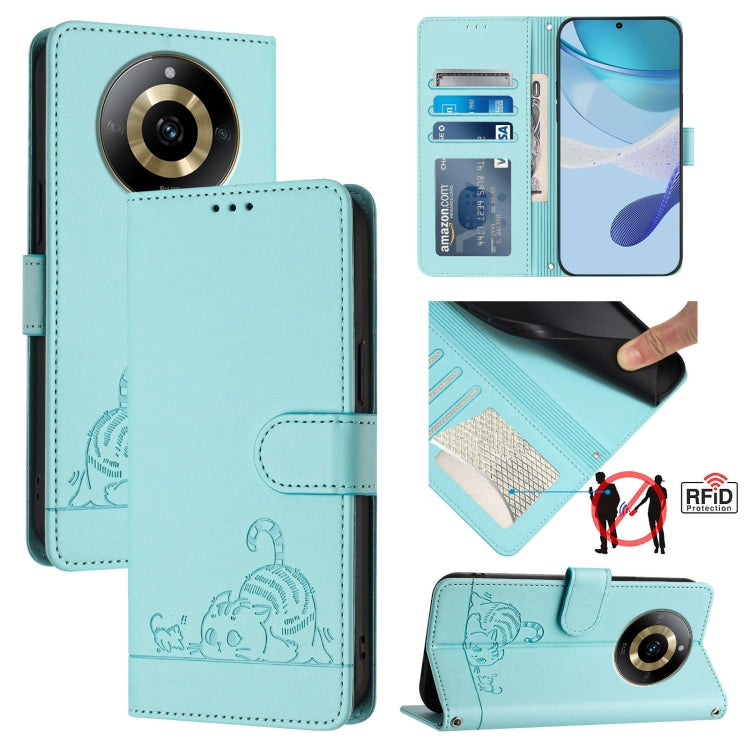 Cat Rat Embossed Pattern RFID Leather Phone Case with Lanyard, For Realme 12+ 5G Global, For Realme Narzo 70 Pro 5G India, For Realme 12 5G Global, For Realme Note 50 4G Global, For Realme C51 4G / C53 4G Global, For Realme Narzo N53 4G Global         ...