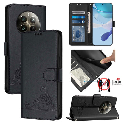 Cat Rat Embossed Pattern RFID Leather Phone Case with Lanyard, For Realme 12+ 5G Global, For Realme Narzo 70 Pro 5G India, For Realme 12 5G Global, For Realme Note 50 4G Global, For Realme C51 4G / C53 4G Global, For Realme Narzo N53 4G Global         ...