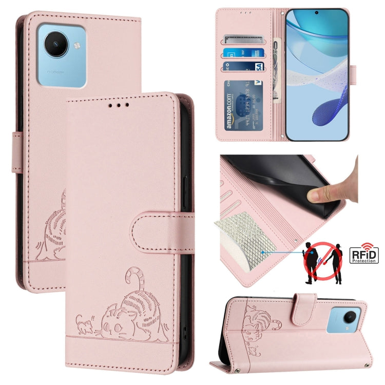 Cat Rat Embossed Pattern RFID Leather Phone Case with Lanyard, For Realme C55 4G Global, For Realme Narzo N55, For Realme C33 2022 Global, For Realme C33 2023 Global, For Realme 10T 5G / 10S 5G, For Realme GT3 5G / GT Neo 5 240W, For Realme 10 Pro 5G  ...