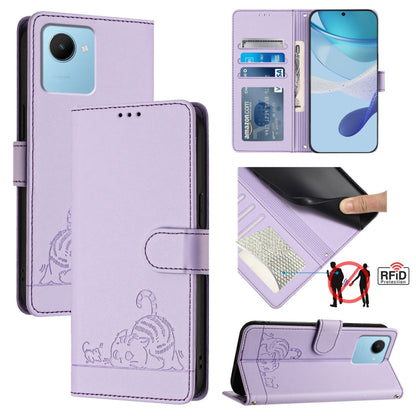 Cat Rat Embossed Pattern RFID Leather Phone Case with Lanyard, For Realme C55 4G Global, For Realme Narzo N55, For Realme C33 2022 Global, For Realme C33 2023 Global, For Realme 10T 5G / 10S 5G, For Realme GT3 5G / GT Neo 5 240W, For Realme 10 Pro 5G  ...