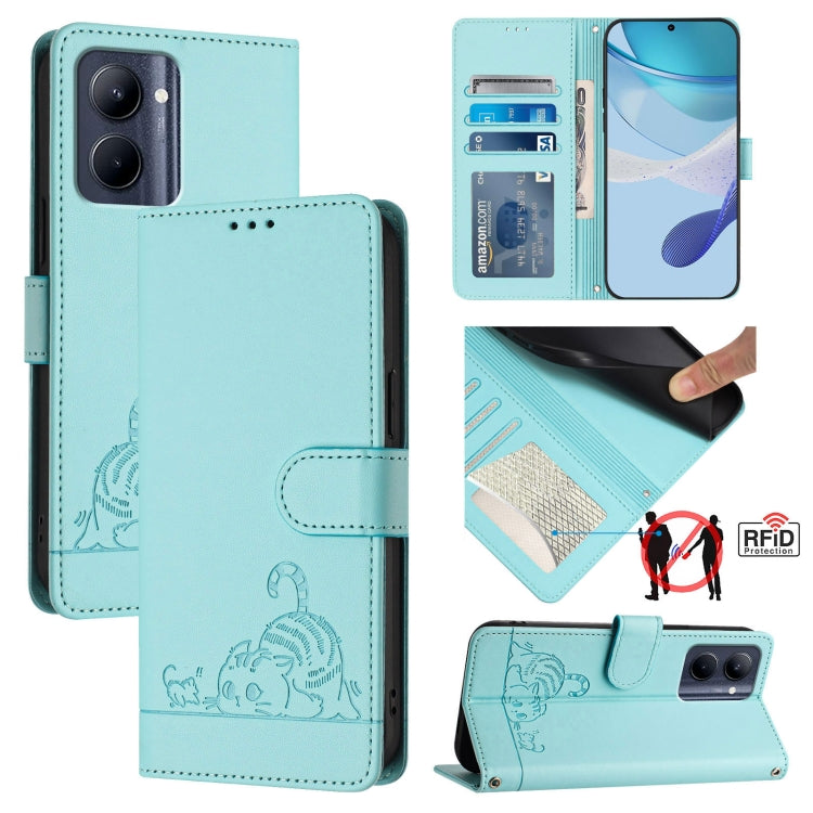 Cat Rat Embossed Pattern RFID Leather Phone Case with Lanyard, For Realme C55 4G Global, For Realme Narzo N55, For Realme C33 2022 Global, For Realme C33 2023 Global, For Realme 10T 5G / 10S 5G, For Realme GT3 5G / GT Neo 5 240W, For Realme 10 Pro 5G  ...