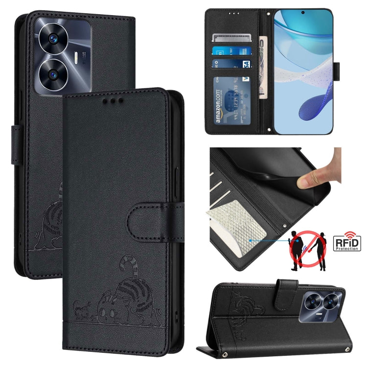 Cat Rat Embossed Pattern RFID Leather Phone Case with Lanyard, For Realme C55 4G Global, For Realme Narzo N55, For Realme C33 2022 Global, For Realme C33 2023 Global, For Realme 10T 5G / 10S 5G, For Realme GT3 5G / GT Neo 5 240W, For Realme 10 Pro 5G  ...
