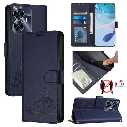 Cat Rat Embossed Pattern RFID Leather Phone Case with Lanyard, For Realme C55 4G Global, For Realme Narzo N55, For Realme C33 2022 Global, For Realme C33 2023 Global, For Realme 10T 5G / 10S 5G, For Realme GT3 5G / GT Neo 5 240W, For Realme 10 Pro 5G  ...