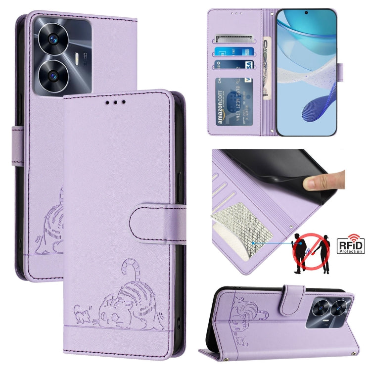 Cat Rat Embossed Pattern RFID Leather Phone Case with Lanyard, For Realme C55 4G Global, For Realme Narzo N55, For Realme C33 2022 Global, For Realme C33 2023 Global, For Realme 10T 5G / 10S 5G, For Realme GT3 5G / GT Neo 5 240W, For Realme 10 Pro 5G  ...