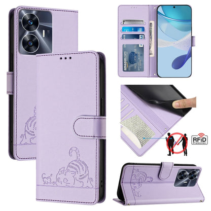 Cat Rat Embossed Pattern RFID Leather Phone Case with Lanyard, For Realme C55 4G Global, For Realme Narzo N55, For Realme C33 2022 Global, For Realme C33 2023 Global, For Realme 10T 5G / 10S 5G, For Realme GT3 5G / GT Neo 5 240W, For Realme 10 Pro 5G  ...