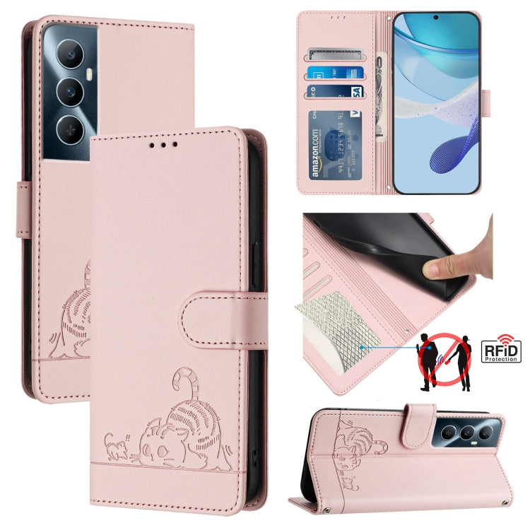 Cat Rat Embossed Pattern RFID Leather Phone Case with Lanyard, For Realme 12+ 5G Global, For Realme Narzo 70 Pro 5G India, For Realme 12 5G Global, For Realme Note 50 4G Global, For Realme C51 4G / C53 4G Global, For Realme Narzo N53 4G Global         ...