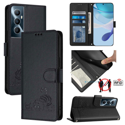 Cat Rat Embossed Pattern RFID Leather Phone Case with Lanyard, For Realme 12+ 5G Global, For Realme Narzo 70 Pro 5G India, For Realme 12 5G Global, For Realme Note 50 4G Global, For Realme C51 4G / C53 4G Global, For Realme Narzo N53 4G Global         ...