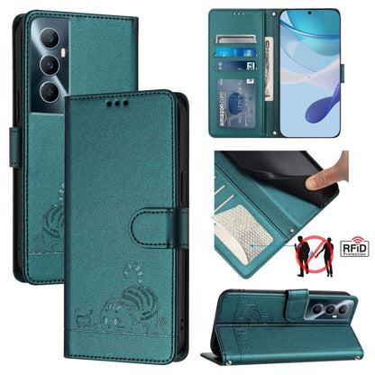 Cat Rat Embossed Pattern RFID Leather Phone Case with Lanyard, For Realme 12+ 5G Global, For Realme Narzo 70 Pro 5G India, For Realme 12 5G Global, For Realme Note 50 4G Global, For Realme C51 4G / C53 4G Global, For Realme Narzo N53 4G Global         ...