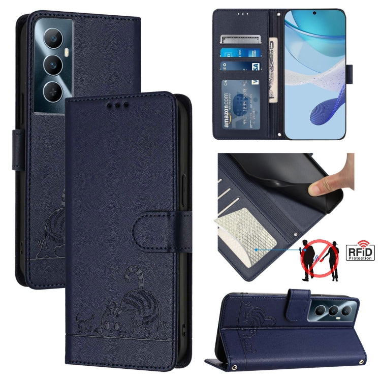 Cat Rat Embossed Pattern RFID Leather Phone Case with Lanyard, For Realme 12+ 5G Global, For Realme Narzo 70 Pro 5G India, For Realme 12 5G Global, For Realme Note 50 4G Global, For Realme C51 4G / C53 4G Global, For Realme Narzo N53 4G Global         ...