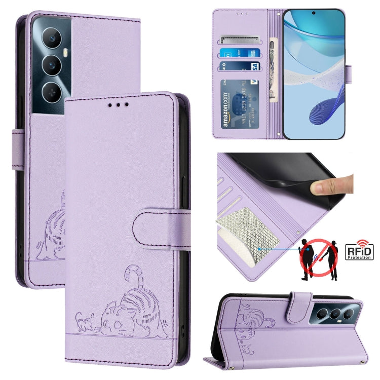 Cat Rat Embossed Pattern RFID Leather Phone Case with Lanyard, For Realme 12+ 5G Global, For Realme Narzo 70 Pro 5G India, For Realme 12 5G Global, For Realme Note 50 4G Global, For Realme C51 4G / C53 4G Global, For Realme Narzo N53 4G Global         ...