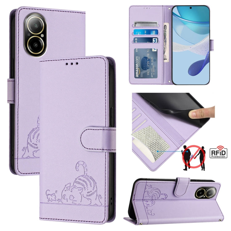 Cat Rat Embossed Pattern RFID Leather Phone Case with Lanyard, For Realme 12+ 5G Global, For Realme Narzo 70 Pro 5G India, For Realme 12 5G Global, For Realme Note 50 4G Global, For Realme C51 4G / C53 4G Global, For Realme Narzo N53 4G Global         ...