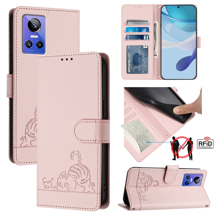 Cat Rat Embossed Pattern RFID Leather Phone Case with Lanyard, For Realme V23, For Realme Q5i, For Realme GT NEO3, For Realme 8 5G / 9 5G India, For Realme V13 5G / Q3 5G, For Realme Q3i 5G, For Realme 9 5G EU Version, For Realme 9 Pro 5G Global       ...