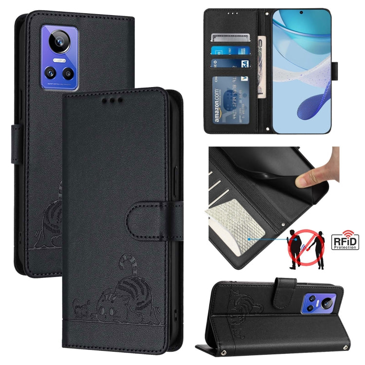 Cat Rat Embossed Pattern RFID Leather Phone Case with Lanyard, For Realme V23, For Realme Q5i, For Realme GT NEO3, For Realme 8 5G / 9 5G India, For Realme V13 5G / Q3 5G, For Realme Q3i 5G, For Realme 9 5G EU Version, For Realme 9 Pro 5G Global       ...