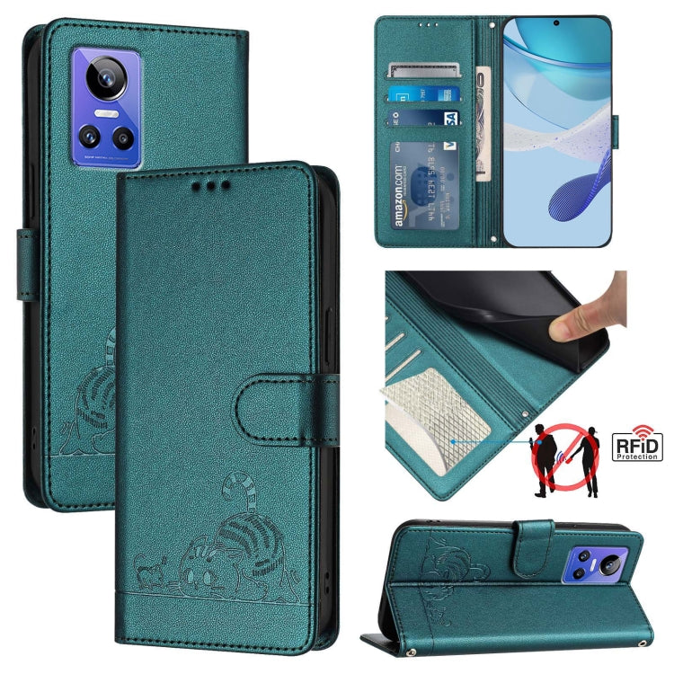 Cat Rat Embossed Pattern RFID Leather Phone Case with Lanyard, For Realme V23, For Realme Q5i, For Realme GT NEO3, For Realme 8 5G / 9 5G India, For Realme V13 5G / Q3 5G, For Realme Q3i 5G, For Realme 9 5G EU Version, For Realme 9 Pro 5G Global       ...