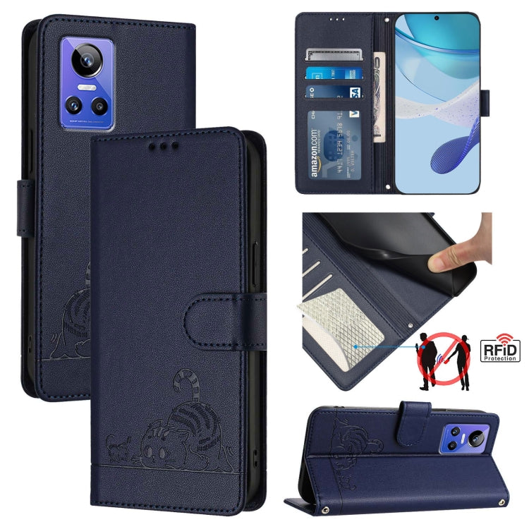 Cat Rat Embossed Pattern RFID Leather Phone Case with Lanyard, For Realme V23, For Realme Q5i, For Realme GT NEO3, For Realme 8 5G / 9 5G India, For Realme V13 5G / Q3 5G, For Realme Q3i 5G, For Realme 9 5G EU Version, For Realme 9 Pro 5G Global       ...