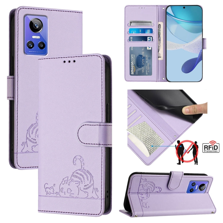 Cat Rat Embossed Pattern RFID Leather Phone Case with Lanyard, For Realme V23, For Realme Q5i, For Realme GT NEO3, For Realme 8 5G / 9 5G India, For Realme V13 5G / Q3 5G, For Realme Q3i 5G, For Realme 9 5G EU Version, For Realme 9 Pro 5G Global       ...