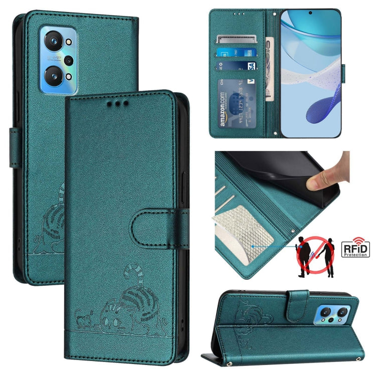 Cat Rat Embossed Pattern RFID Leather Phone Case with Lanyard, For Realme C55 4G Global, For Realme Narzo N55, For Realme C33 2022 Global, For Realme C33 2023 Global, For Realme 10T 5G / 10S 5G, For Realme GT3 5G / GT Neo 5 240W, For Realme 10 Pro 5G  ...