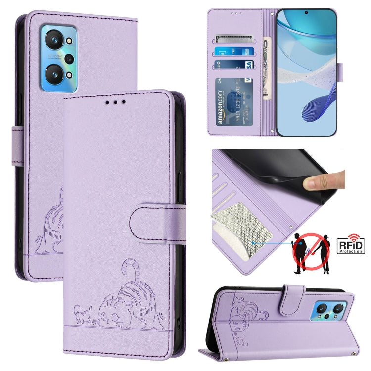 Cat Rat Embossed Pattern RFID Leather Phone Case with Lanyard, For Realme C55 4G Global, For Realme Narzo N55, For Realme C33 2022 Global, For Realme C33 2023 Global, For Realme 10T 5G / 10S 5G, For Realme GT3 5G / GT Neo 5 240W, For Realme 10 Pro 5G  ...