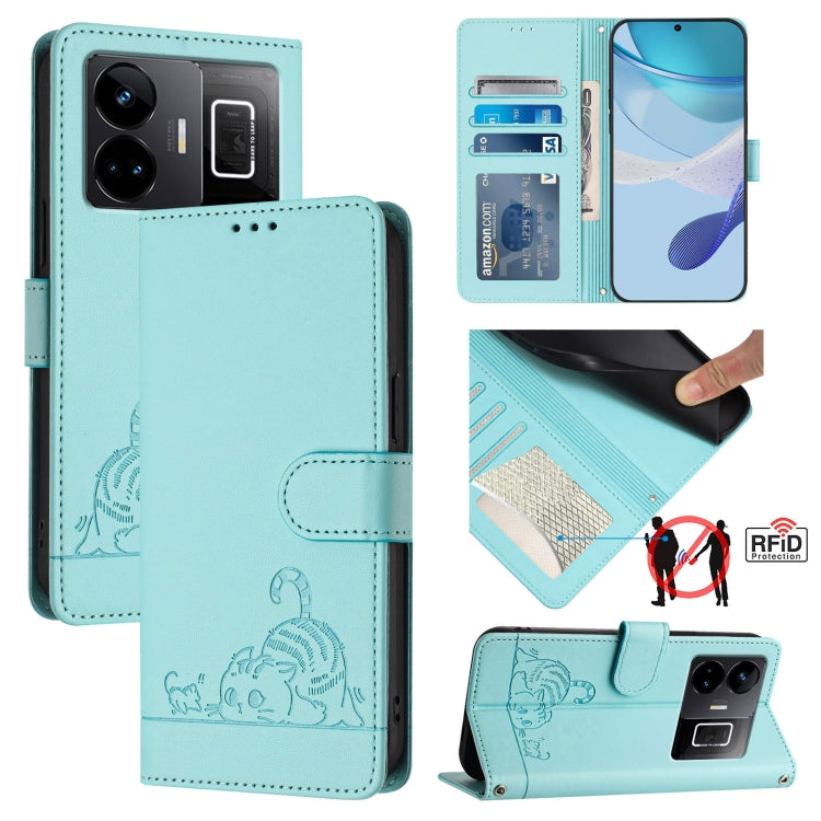 Cat Rat Embossed Pattern RFID Leather Phone Case with Lanyard, For Realme C55 4G Global, For Realme Narzo N55, For Realme C33 2022 Global, For Realme C33 2023 Global, For Realme 10T 5G / 10S 5G, For Realme GT3 5G / GT Neo 5 240W, For Realme 10 Pro 5G  ...