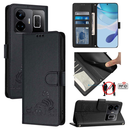 Cat Rat Embossed Pattern RFID Leather Phone Case with Lanyard, For Realme C55 4G Global, For Realme Narzo N55, For Realme C33 2022 Global, For Realme C33 2023 Global, For Realme 10T 5G / 10S 5G, For Realme GT3 5G / GT Neo 5 240W, For Realme 10 Pro 5G  ...