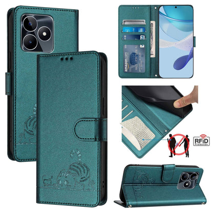 Cat Rat Embossed Pattern RFID Leather Phone Case with Lanyard, For Realme 12+ 5G Global, For Realme Narzo 70 Pro 5G India, For Realme 12 5G Global, For Realme Note 50 4G Global, For Realme C51 4G / C53 4G Global, For Realme Narzo N53 4G Global         ...