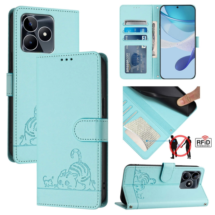 Cat Rat Embossed Pattern RFID Leather Phone Case with Lanyard, For Realme 12+ 5G Global, For Realme Narzo 70 Pro 5G India, For Realme 12 5G Global, For Realme Note 50 4G Global, For Realme C51 4G / C53 4G Global, For Realme Narzo N53 4G Global         ...